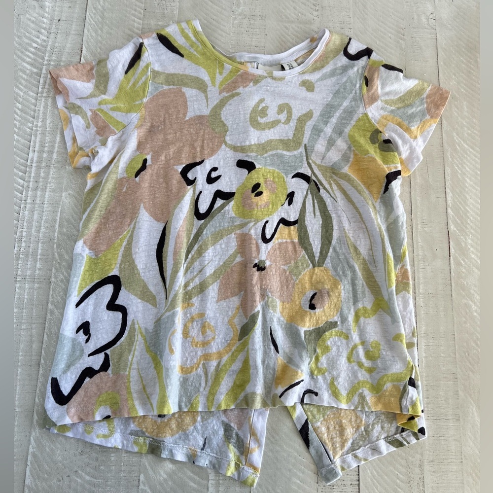 Women’s Rachel Zoe 100% Linen Floral Button Down the Back Short Sleeve Top Sz 1X